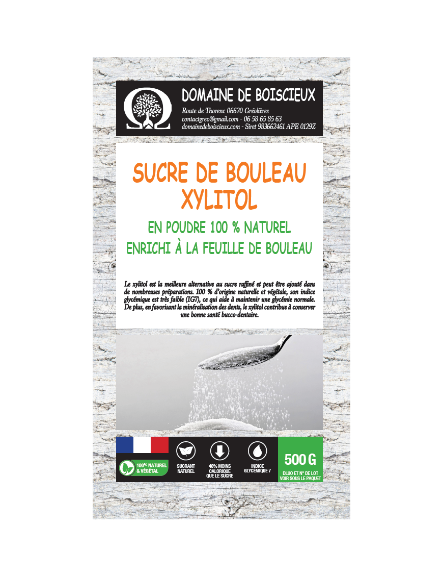 500 gr | Sucre de bouleau (xylitol) enrichi aux feuilles de bouleau