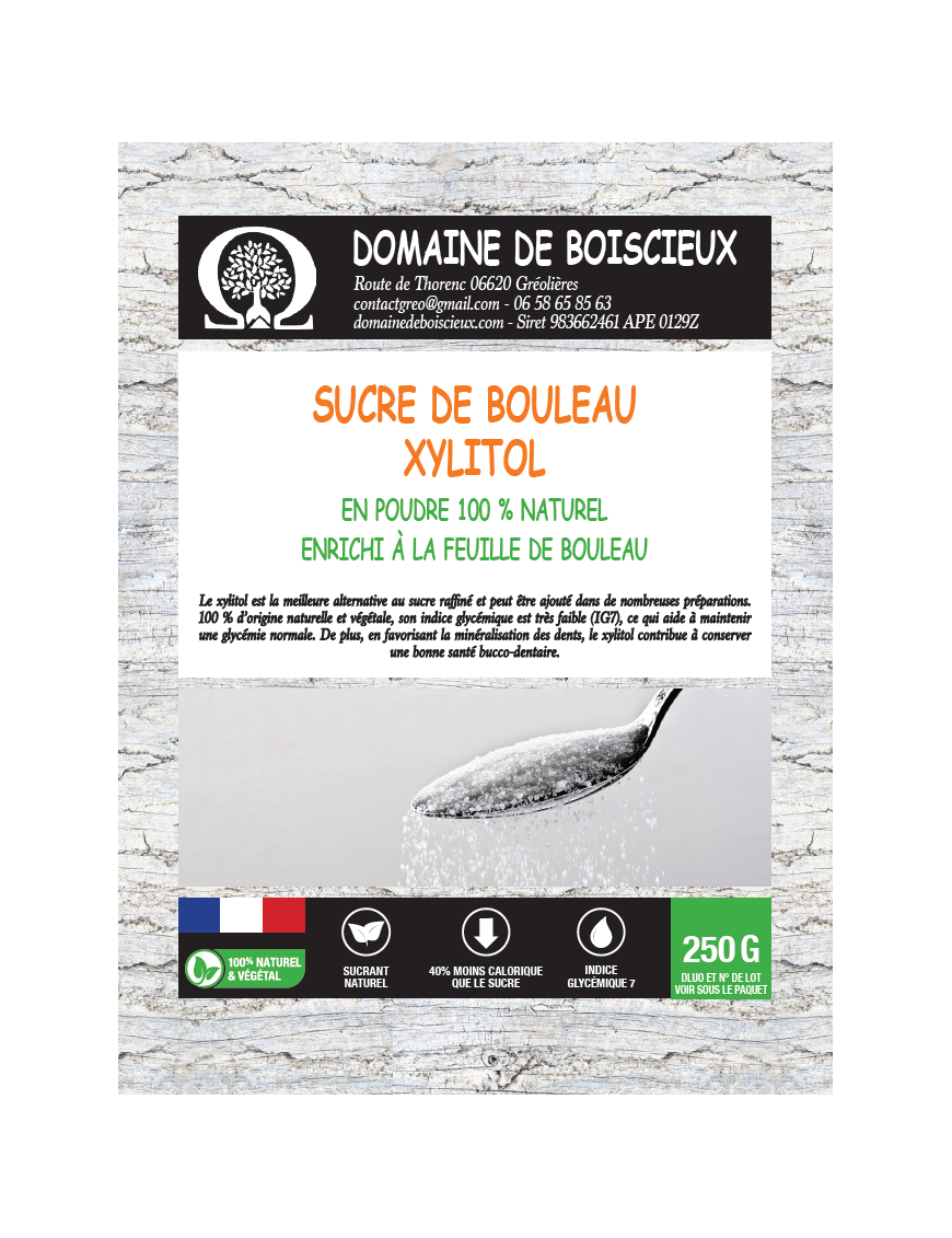250 gr | Sucre de bouleau (xylitol) enrichi aux feuilles de bouleau